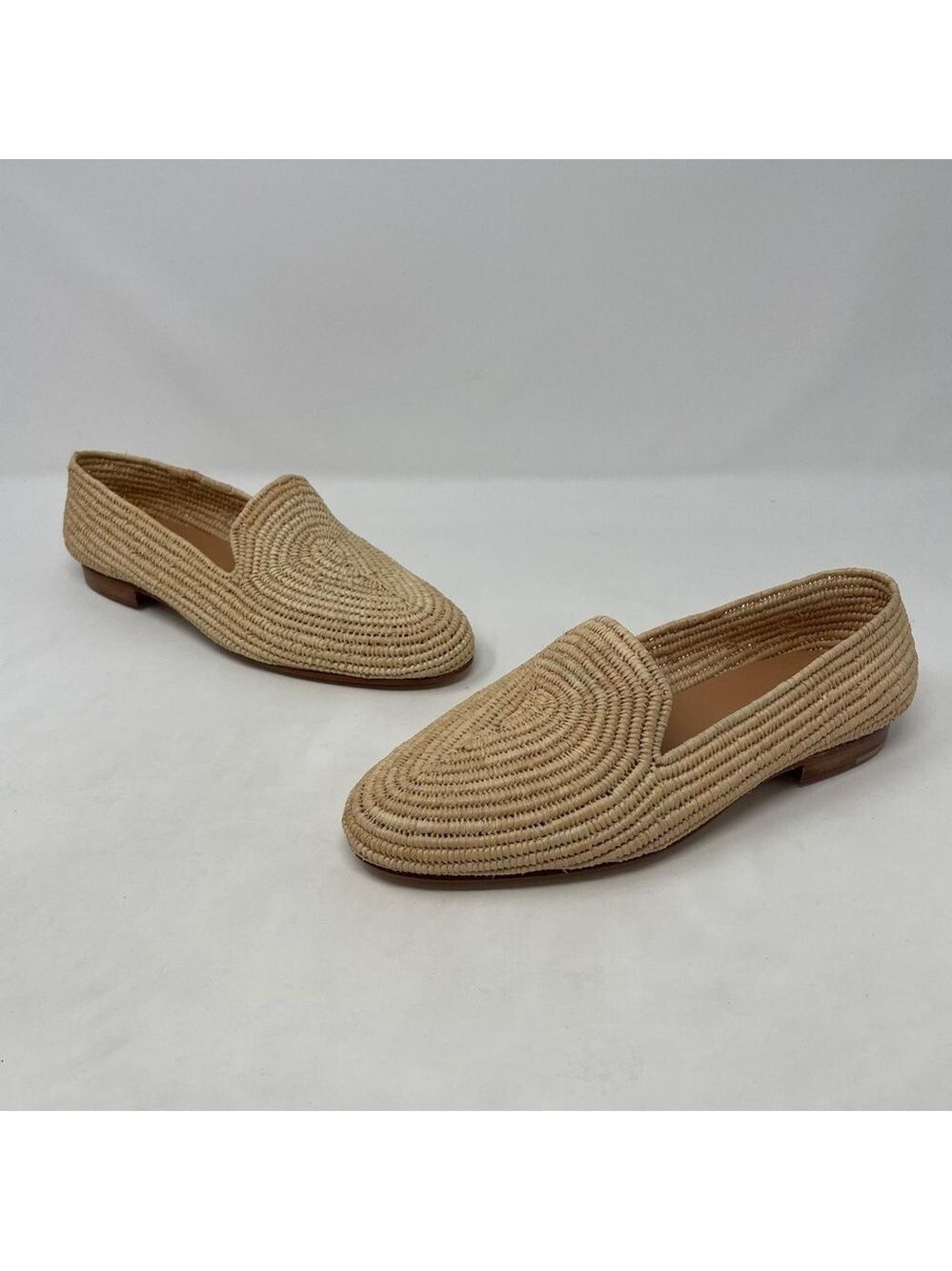 Carrie Forbes Womens Atlas Beige Leather Lined Slip-On Raffia Loafers - NWT - Picture 10 of 11